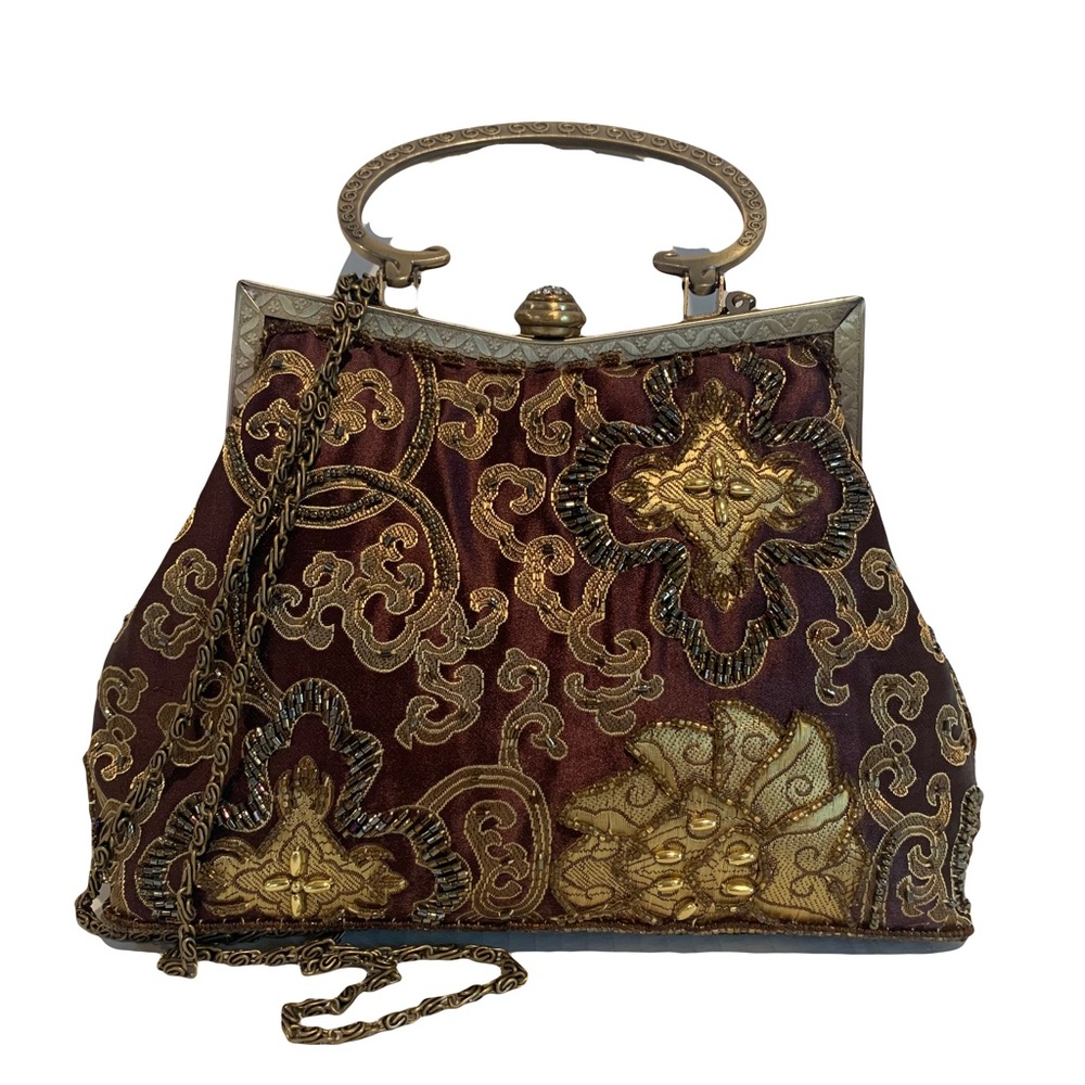Vintage Brown Beaded Embroidered Chain Purse - Picture 1 of 16